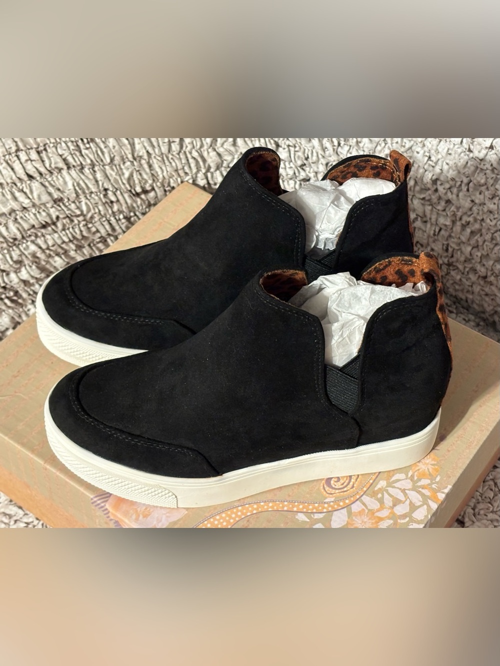 Very G Black Wedge Ankle Bootie/Sneakers with Leopard Accents